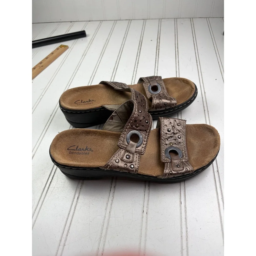 Clarks Lexi Laurel Brown Leather Slide Sandals Comfort Women's Size 8M